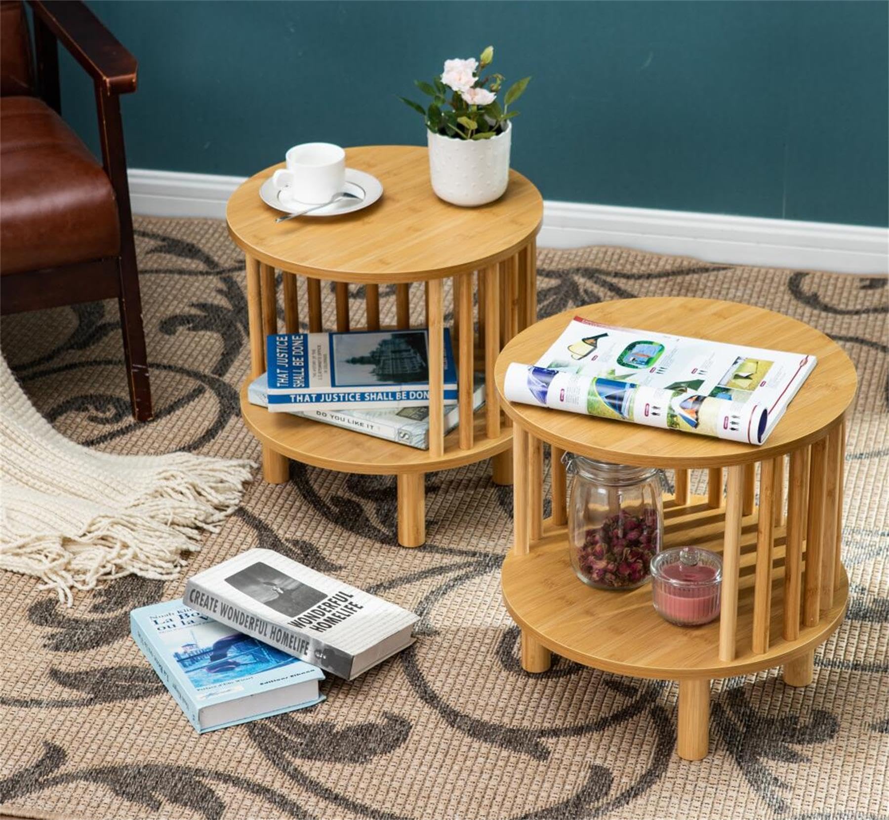 Amazon.com: Sophia & William Bamboo Bedside Table Set of 2，Round